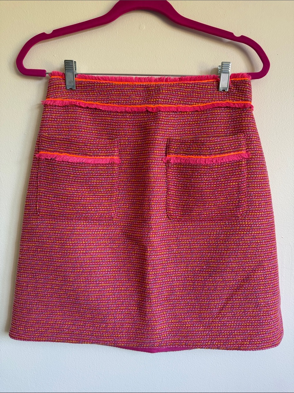 NWT - J. Crew Hot Pink Tweed Mini Skirt with Fringe Pocket Trim